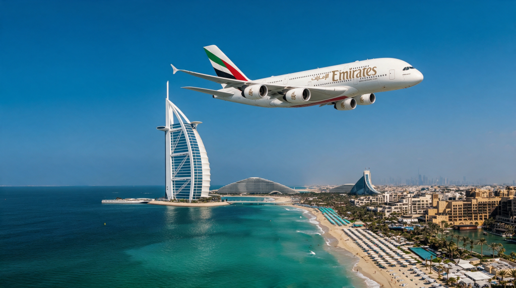 Emirates Airlines Airbus A380 flying over Dubai with The Burj Al Arab Hotel in the background