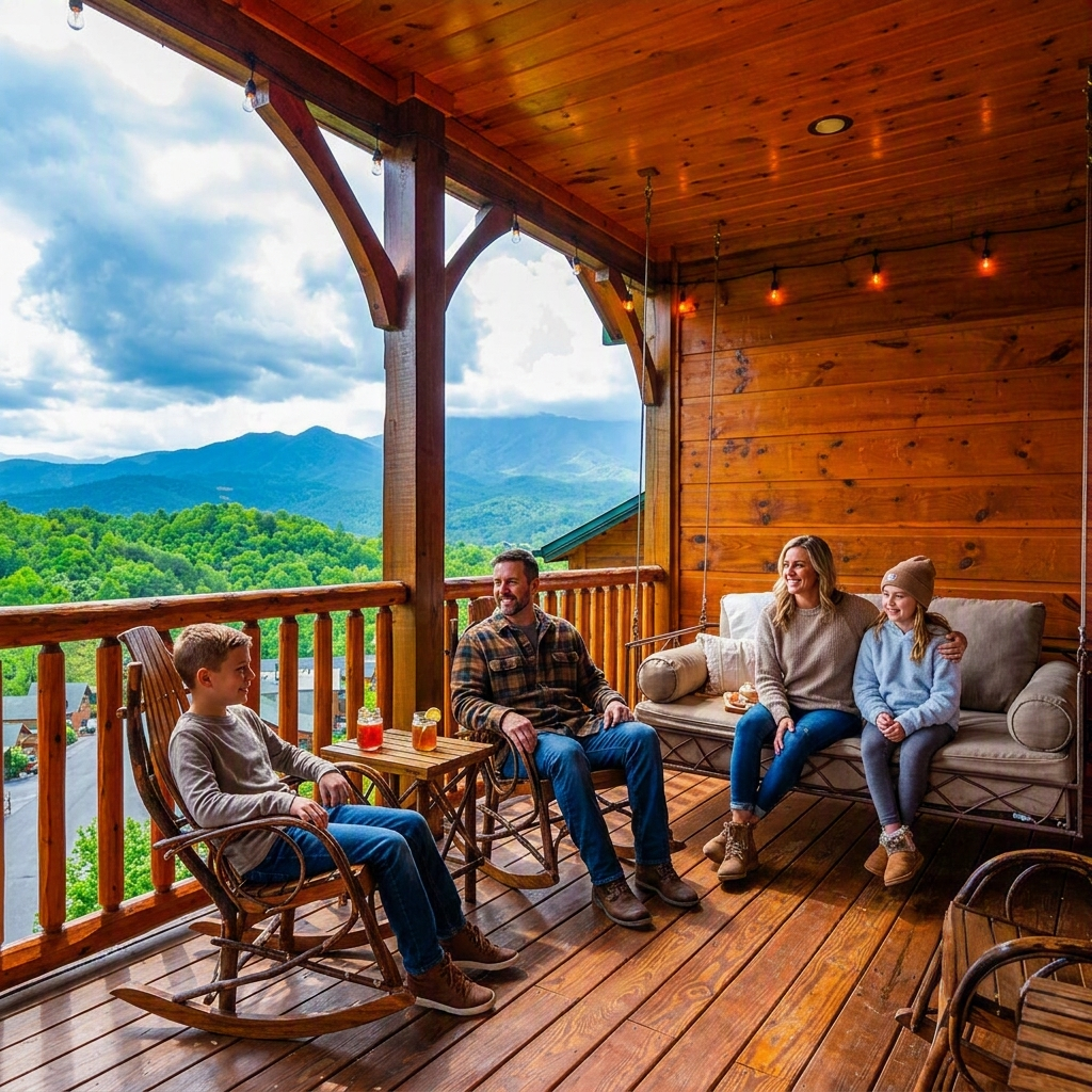Family in the patio of a cabin in Gatlinburg, TN, USA overlooking the Smoky Mountains